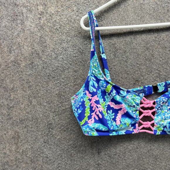 Lilly Pulitzer Bikini Top Womens 14 Blue Floral Lace Up Adjustable Straps Swim - Picture 10 of 11